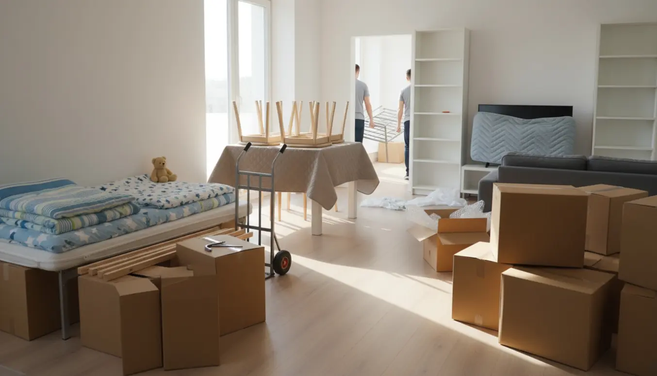 Flyttescene i lejlighed med stabler af flyttekasser, sammenlagte børnesenge, indpakket fjernsyn og møbler klar til transport.