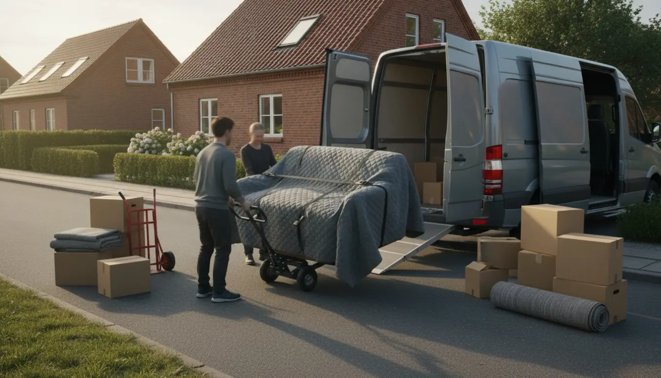 En sofa pakket i flyttetæpper og læsset ind i en flyttebil på en rolig dansk villavej.