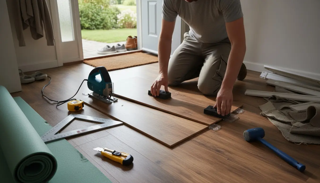 Nærbillede af montering af laminatgulv i en lille entré med værktøj og hænder i arbejde.