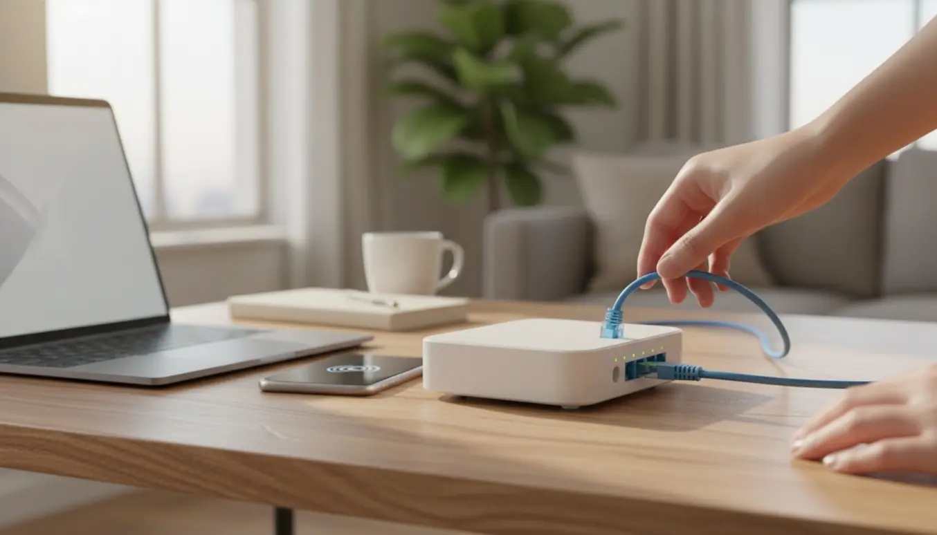 Hænder forbinder et netværkskabel til en trådløs router i et lyst hjemmekontor.