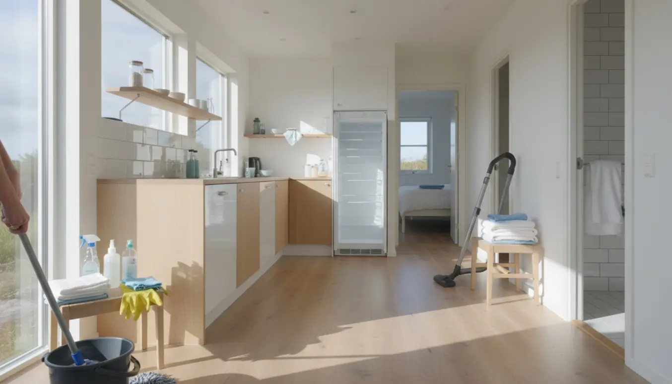 Sollyst sommerhusinteriør med moppe, støvsuger, rengøringsmidler og nyrent køleskab.