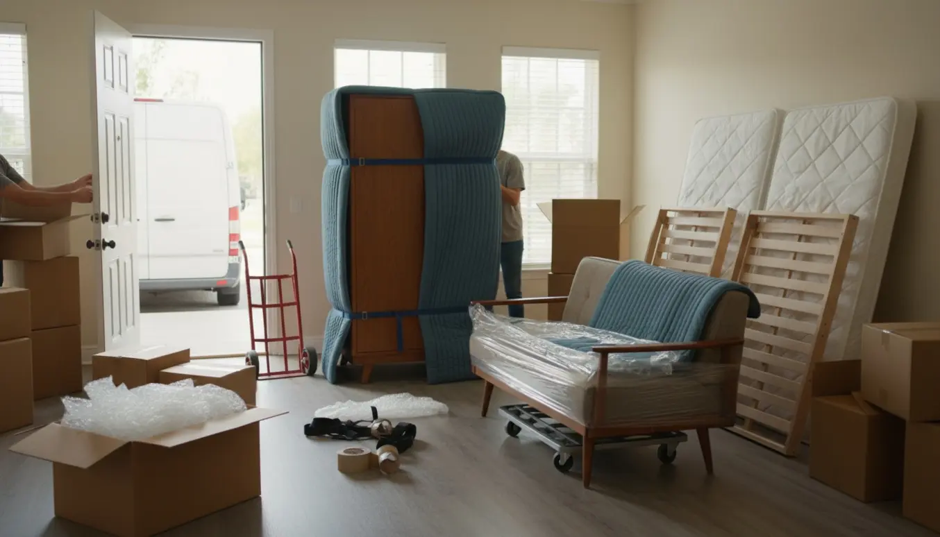 Indpakkede møbler — skab, to enkeltsenge og en sofa — og stabler af flyttekasser i en lys lejlighed under flytning.