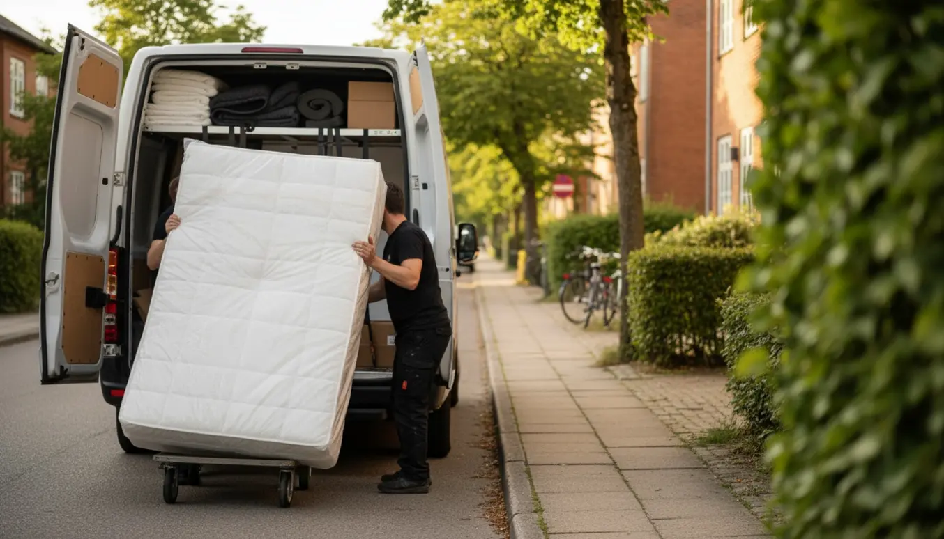 To flyttemænd læsser en blød, hvid boksmadras ind i en varevogn på en træbeskåret boliggade.