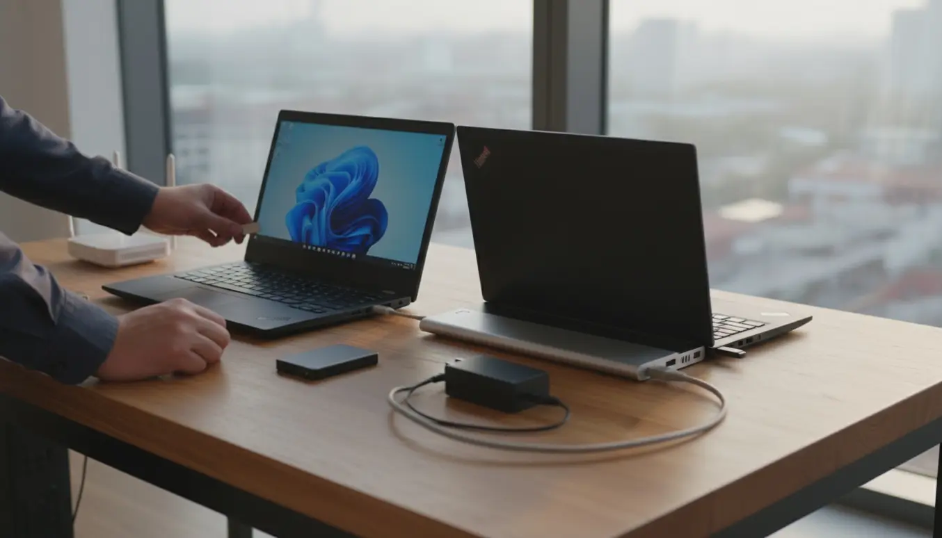 To nye bærbare computere på et skrivebord, hvor en tekniker tilslutter kabler og USB‑drev i et lyst kontormiljø.