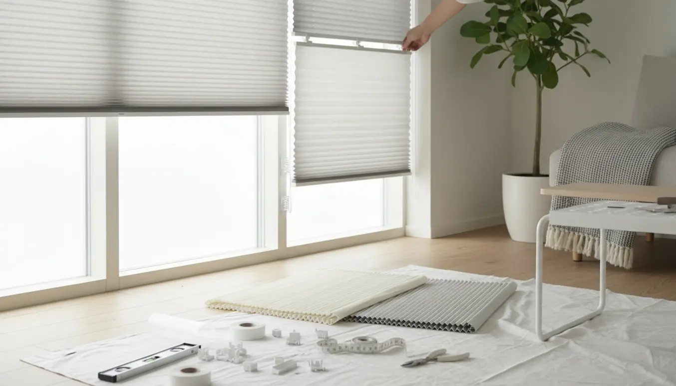 Montering af en bred persienne og flere plisségardiner ved et vindue uden brug af skruer.