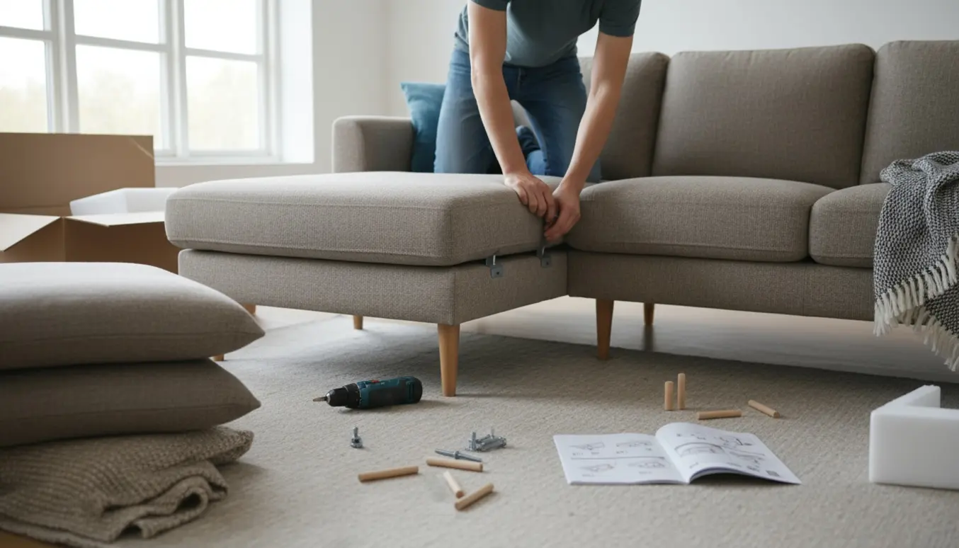 Hænder samler en 3-personers sofa med chaiselong i en lys, skandinavisk stue med værktøj og dele omkring.