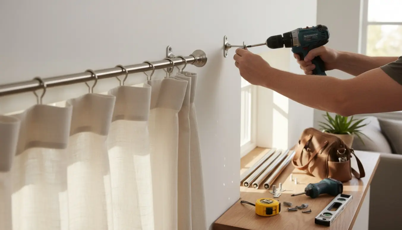 Hænder bruger en boremaskine til at montere en gardinstang over et vindue, med ekstra gardinstænger og værktøj på vindueskarmen.