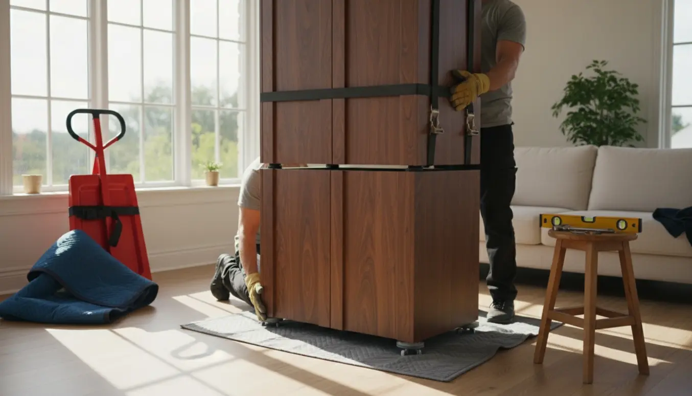 To personer uden synlige ansigter løfter og placerer den tunge overdel af et træskab på underdelen i en soloplyst stue.