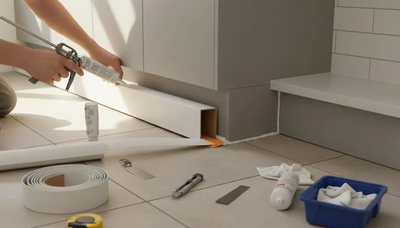 Nærbillede af hænder, der monterer hvid laminat sokkel og fuge mellem klinke og væg i et moderne køkken.