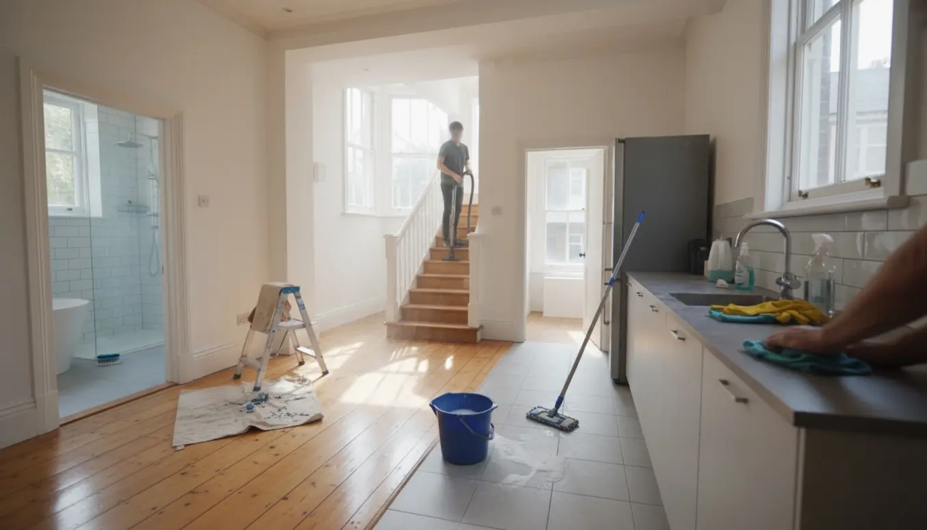 Tomt to-etagers rækkehus med rengøringsudstyr og rengøringspersonale i aktion — moppe, støvsuger og aftørring af køkkenbord.