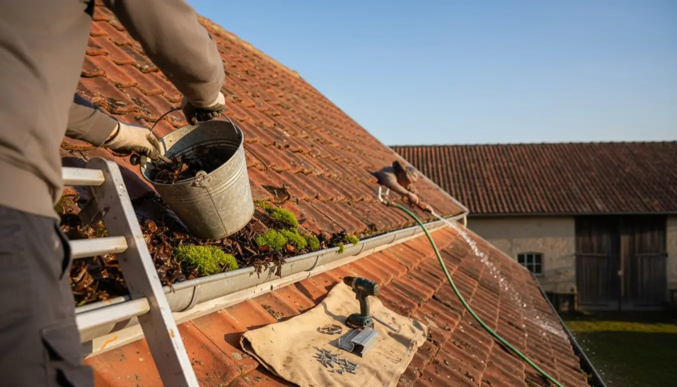 Hænder renser og reparerer tagrender på et stuehus og tilhørende udbygninger.