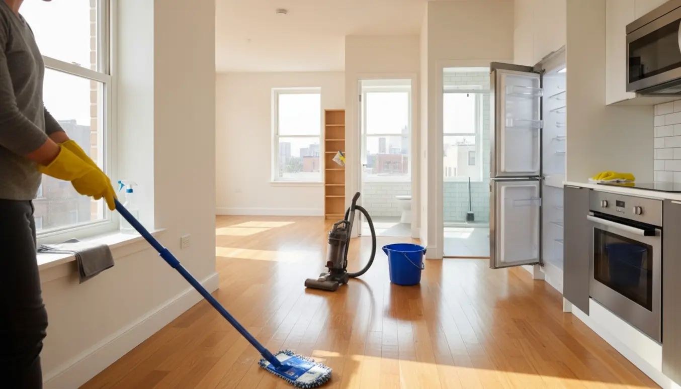 Solbeskinnet lejlighed under grundig hovedrengøring med moppe, støvsuger og rengøringsmidler.