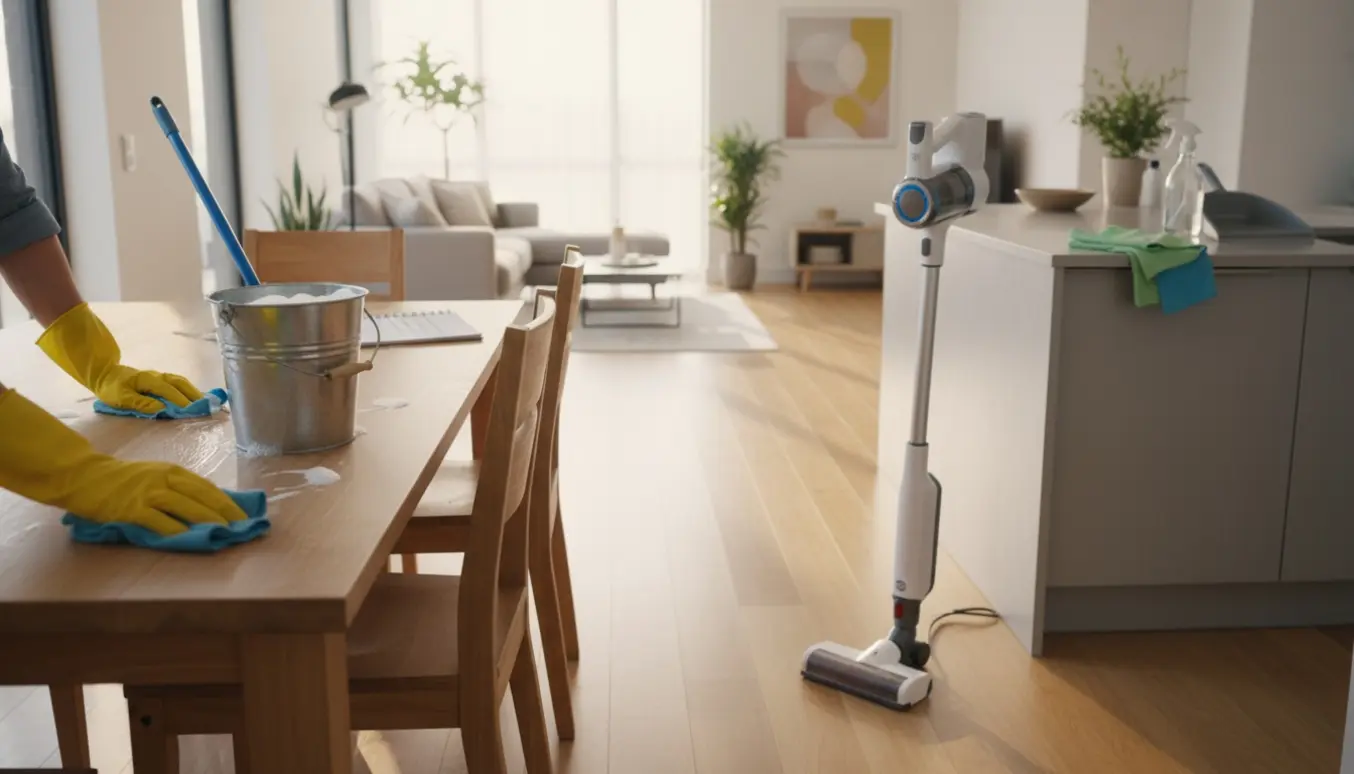 Hænder i gule handsker tørrer et lyst køkkenbord af med rengøringsredskaber og spand i baggrunden.