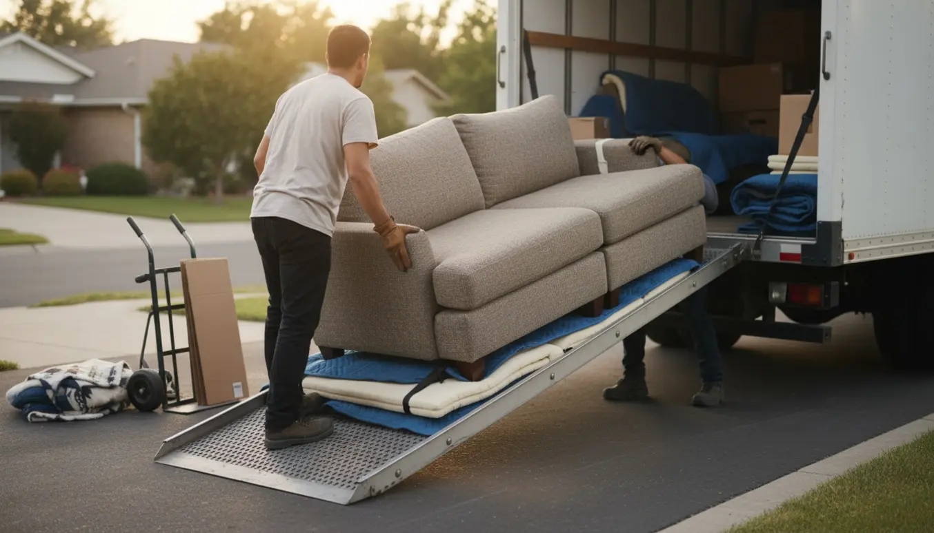 To dele af en sofa bliver båret ind i en flyttevogn på en indkørsel i blødt eftermiddagslys.