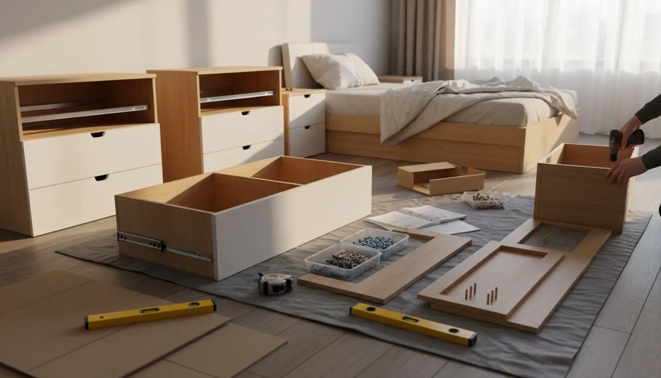 Hænder samler sengeborde og kommoder i et lyst soveværelse.