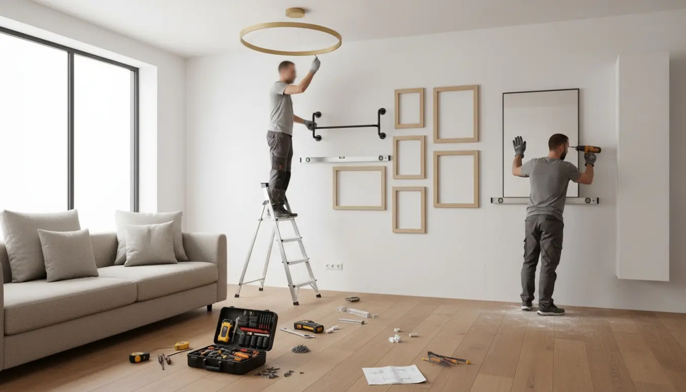 Håndværkere hænger lampe, spejl, tøjstativ og billeder op i en lys stue med værktøj og delvist samlet hjørnesofa.