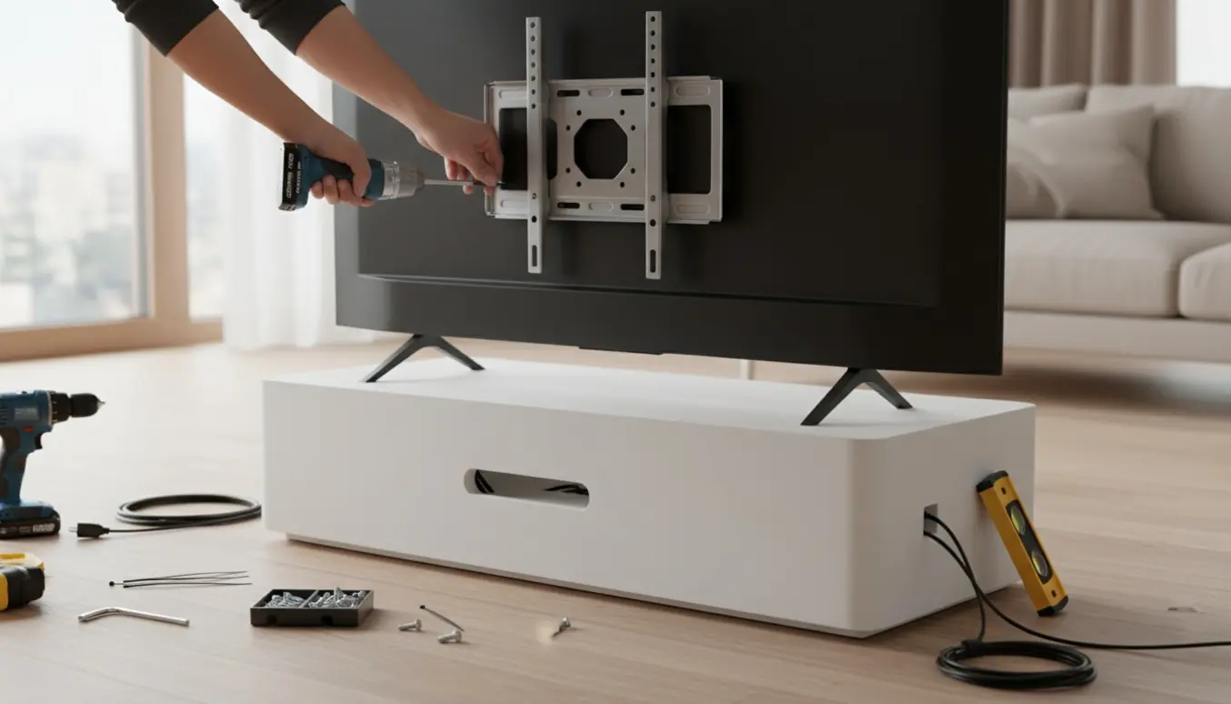 Nærbillede af hænder, der monterer et fladskærms-tv på en hvid sokkel i en lys, moderne stue med værktøj og kabelstyring.