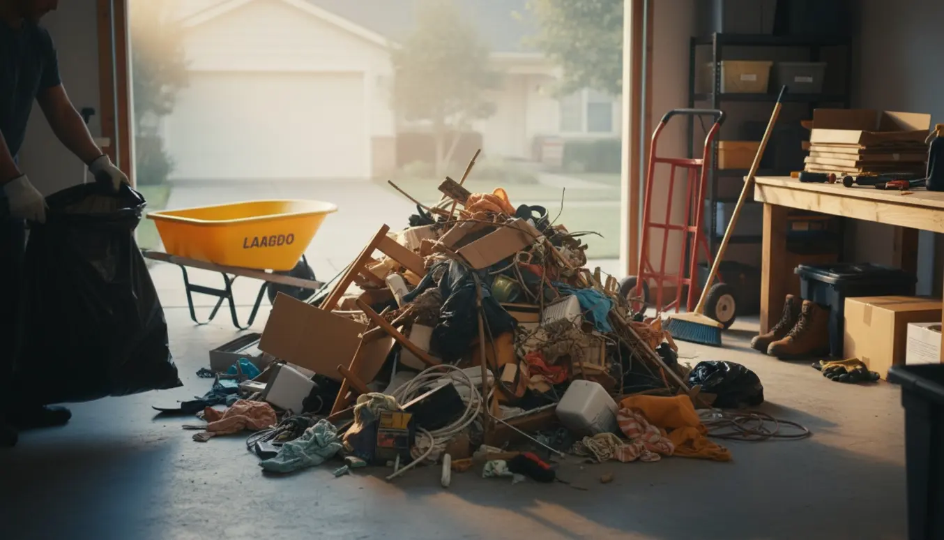 En garage med en stor bunke usorteret affald og handsker, trillebør og sække klar til afhentning.