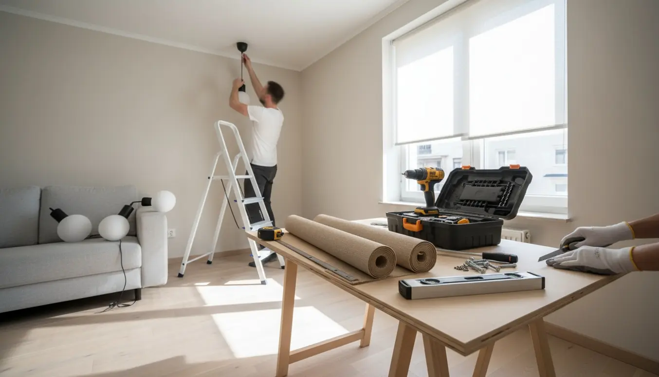 Hænder måler og skærer rullegardin ved et arbejdsbord, mens en lampe monteres på en stige i et lyst hjem.