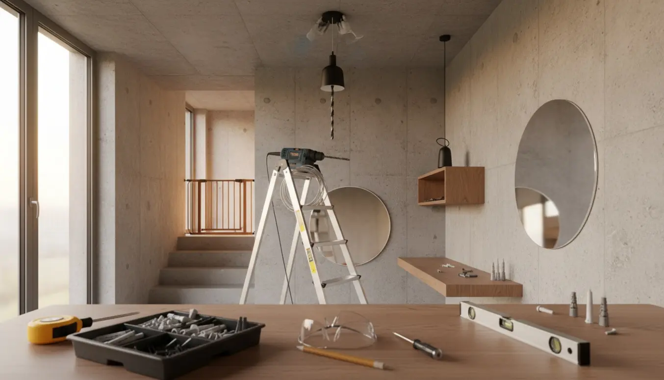 Handværktøj og en stige i en bolig, hvor lamper, hylde, spejl og trappegitter er ved at blive monteret i betonvægge og -loft.
