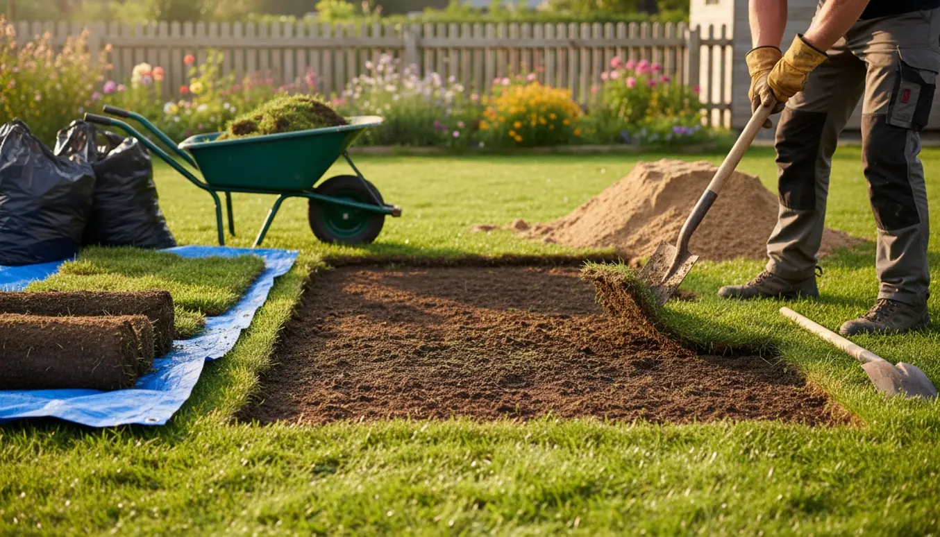 En person fjerner græs og planter fra et ryddet område i haven, klart til at blive fyldt med sand.