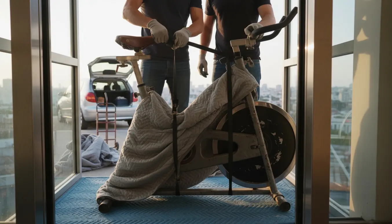 En spinningcykel pakket i flyttetæppe og sikret med stropper, båret ind i en højhuselevator under transport.