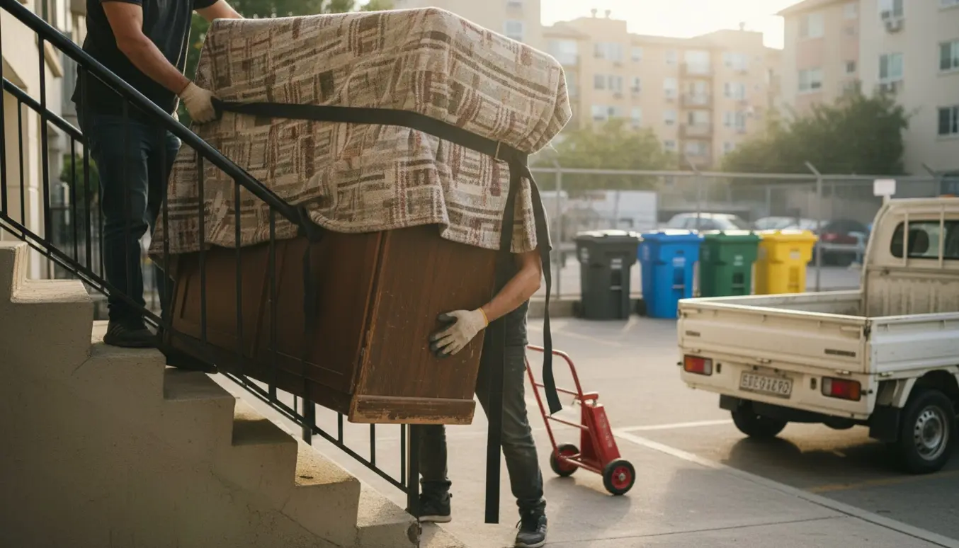 Et tæppeindpakket garderobeskab bæres ned fra 3. sal og løftes ind i en åben varevogn ved et genbrugsområde.