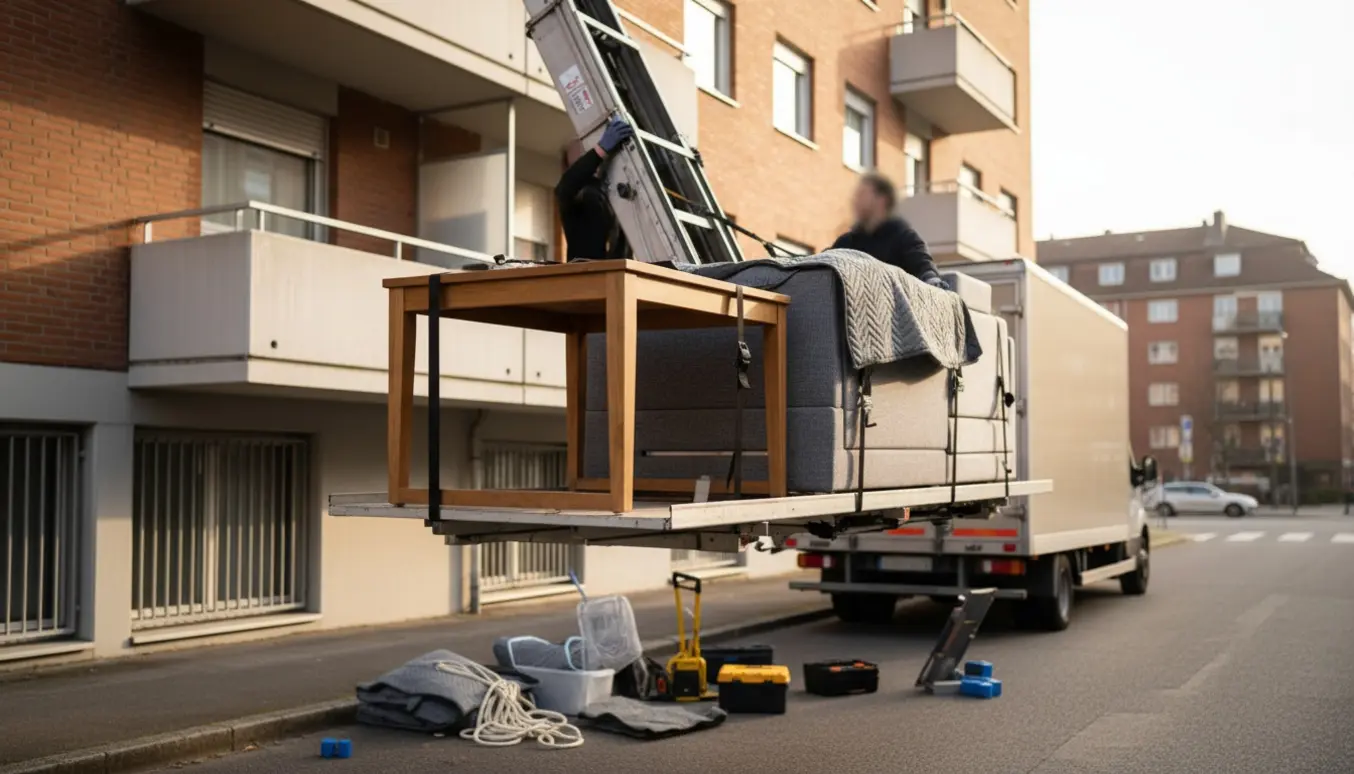 Møbellift løfter adskilte møbler — spisebord, sofa og seng — op langs bygningens facade til en lejlighed på femte sal.