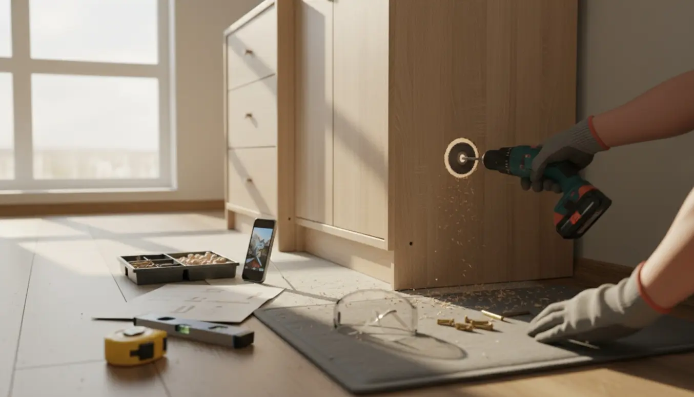 Partielt samlet kommode og garderobe i en lys gang, hvor et hul er skåret i skabet med boremaskine og værktøj rundt om.