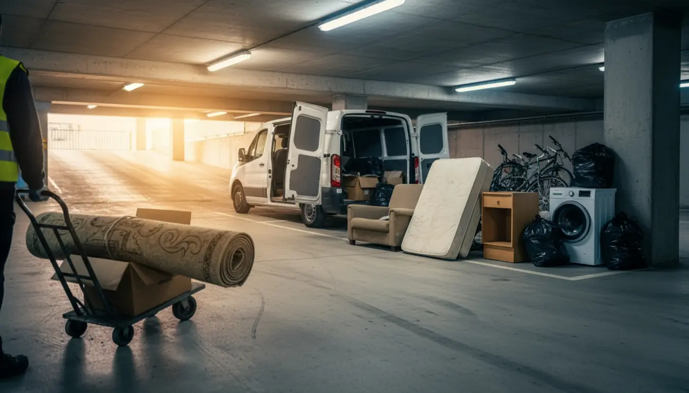 Rydning af et storskraldsrum i en p‑kælder med en lav hvid varebil og en arbejdende person uden synligt ansigt.