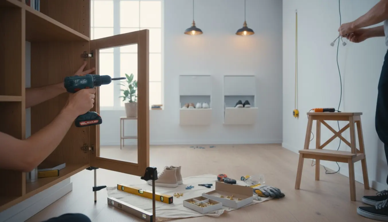 Hænder monterer vitrinedøre på en reol i en lys entré med væghængte skoskabe og lamper under installation.