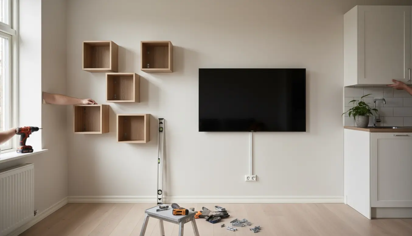 Fem lyse træ-kubikreoler, et væghængt 65 tommers TV og et Københavnerskab monteres i en åben, skandinavisk stue-køkken.