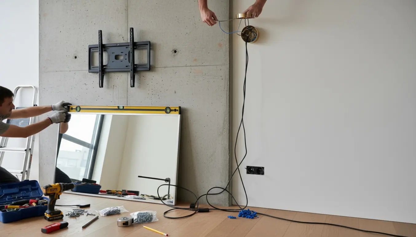 Hænder hænger et fjernsyn, et spejl og en lampe op på beton- og gipsvæg med værktøj som boremaskine og vaterpas.