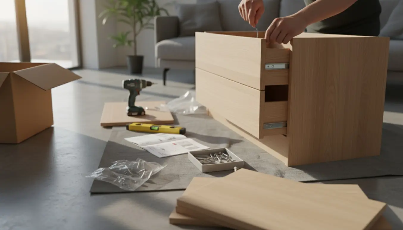 Nærbillede af hænder, der samler en kommode i en lys stue med værktøj og hardware lagt klar.