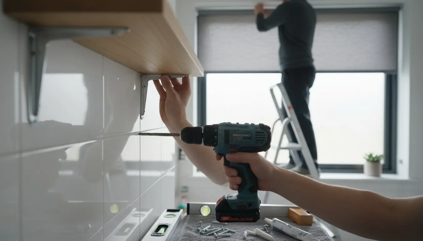 Hænder monterer en træhylde på en flisevæg i et lyst badeværelse, mens rullegardiner sættes op over vinduet.