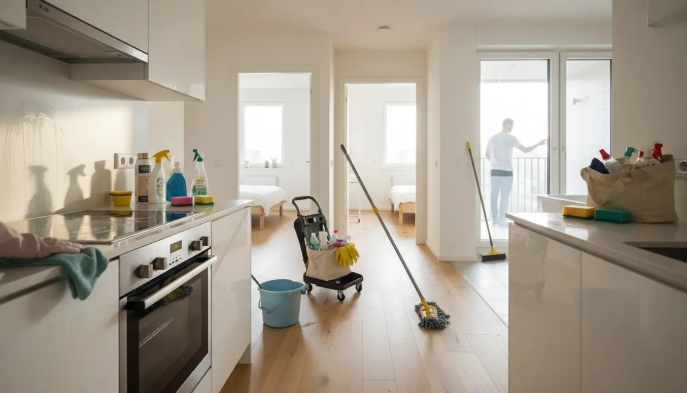 Rengøring i en lys treværelses lejlighed med moppe, spand og rengøringsvogn.