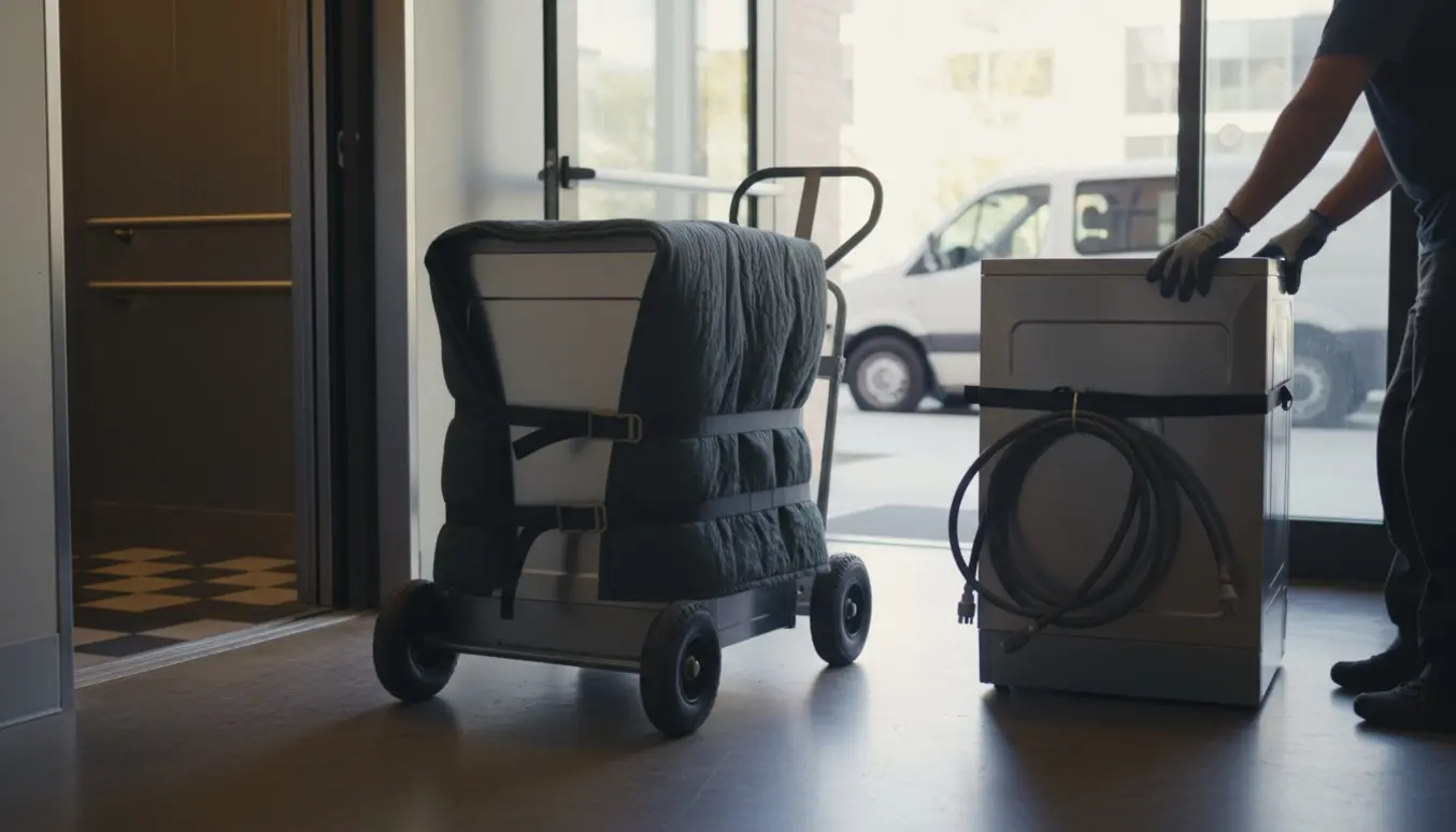 To opvaskemaskiner pakket og fastgjort på en transportkærre ved en åben serviceelevator, klar til afhentning.