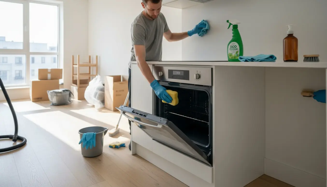 Hænder i gummihandsker pudser ovn og lister i en tom toværelses lejlighed ved fraflytning.