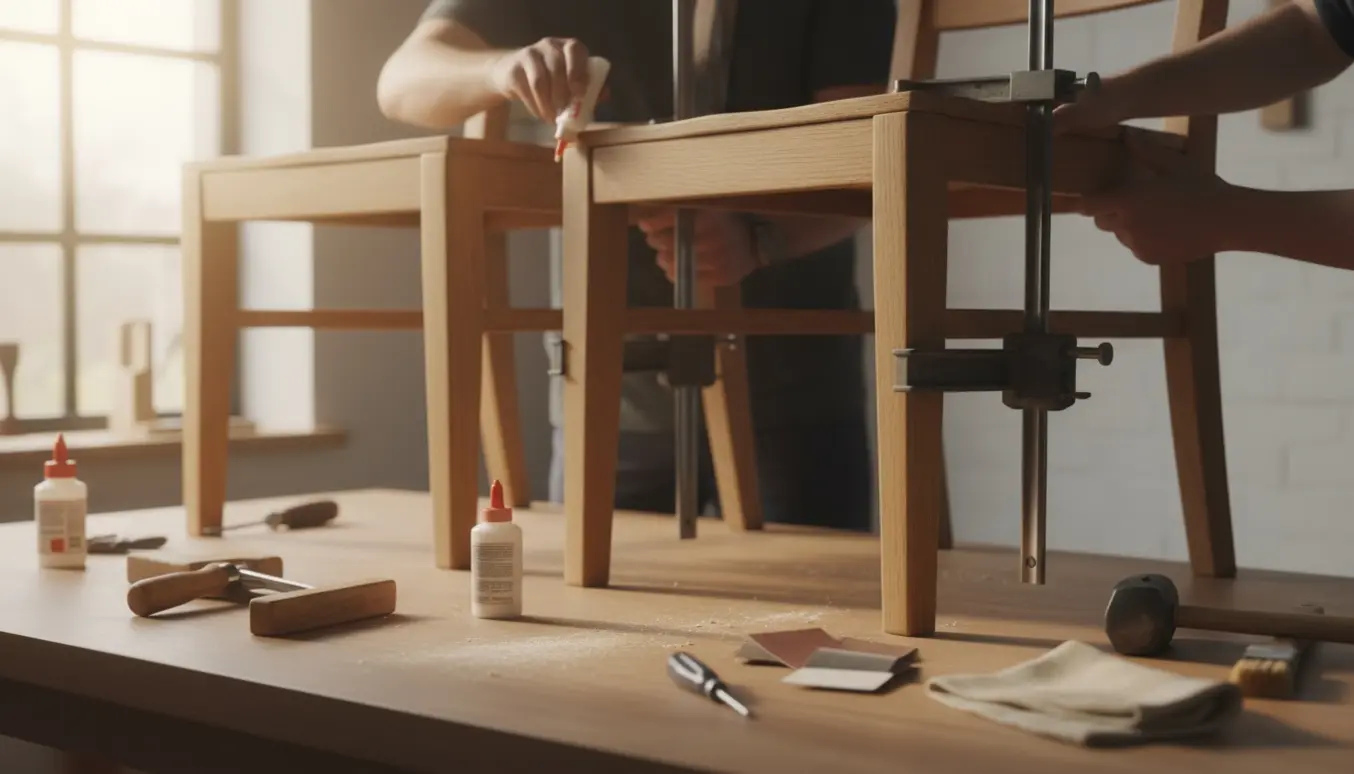 To træspisebordsstole repareres på et lyst arbejdsbord med klemmer, trælim og værktøj.