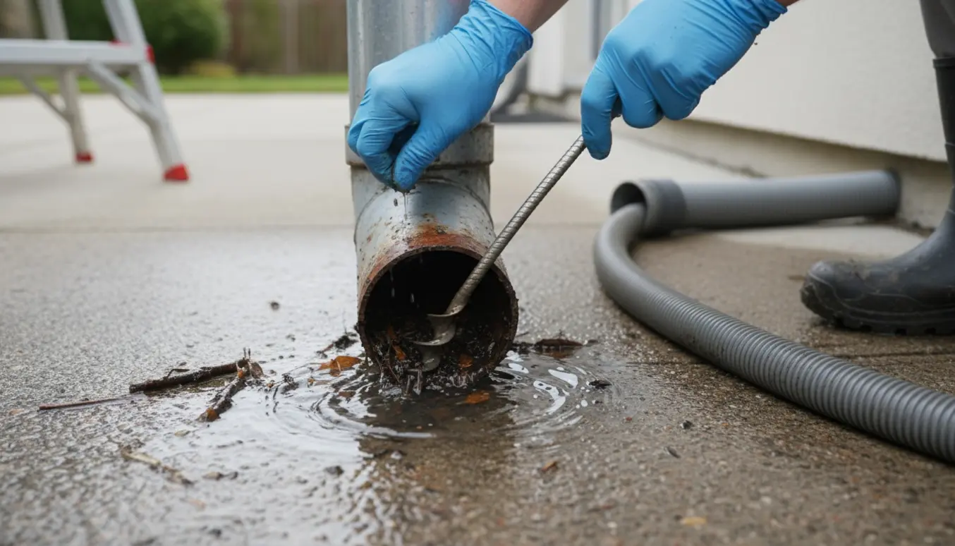 Nedløbsrør med stillestående vand, hvor handske fører en rensefjeder ned for at fjerne en tilstopning.