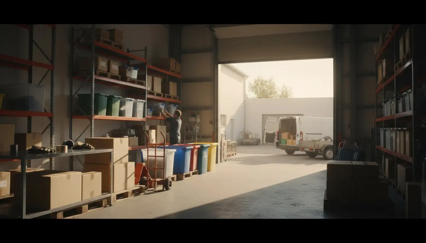 Organiseret lager og gårdsplads med åben varevogn og trailer, hvor varer sorteres til genbrug.