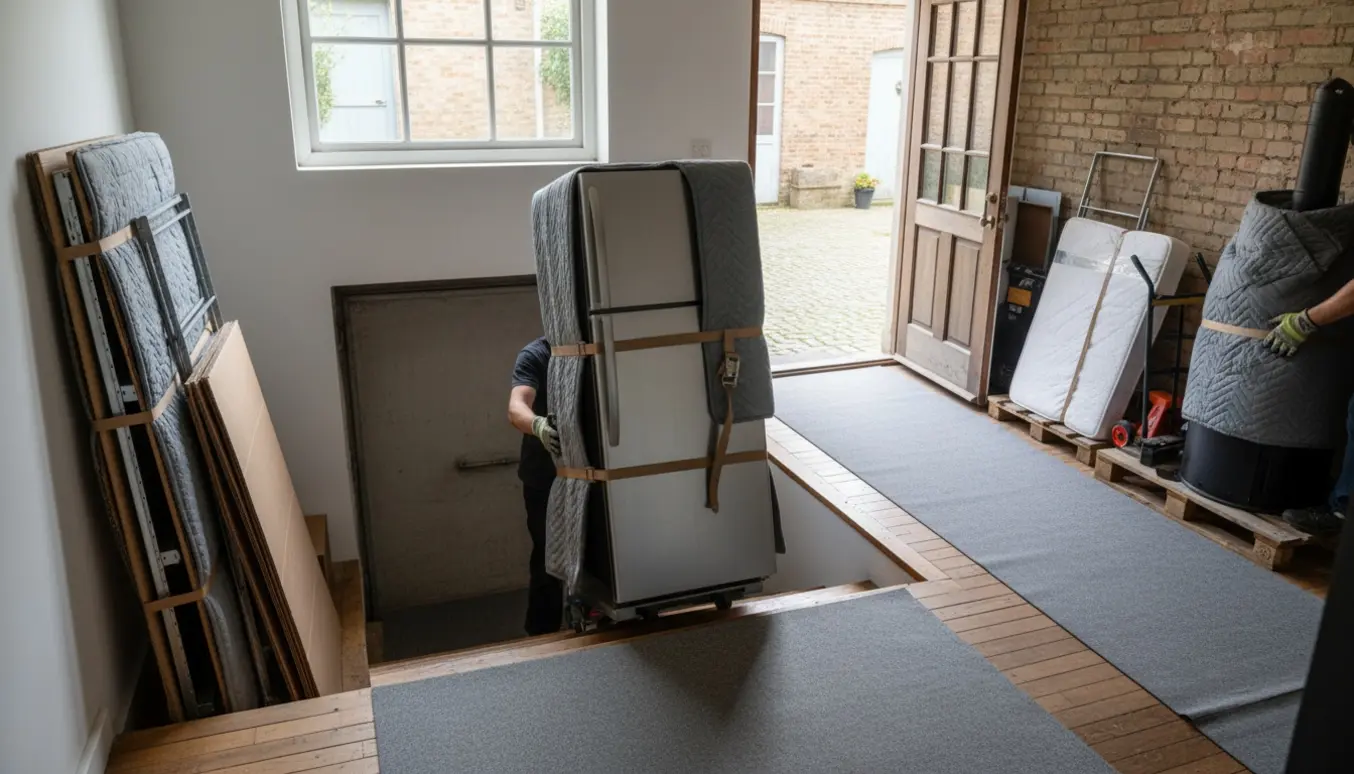 Flytning af møbler i hus med køle-fryseskab på trappe, indpakkede reoler og madras i gårdspladsen, ansigter ude af fokus.