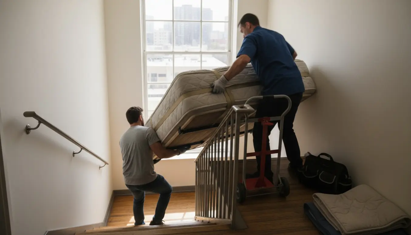 To flyttefolk løfter en seng op ad en trappe med flyttetæpper og stropper.