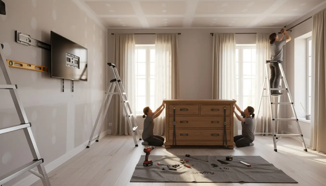 Håndværkere monterer to fjernsyn, sikrer en tung kommode til gipsvæg og hænger gardiner i højtloftede værelser.