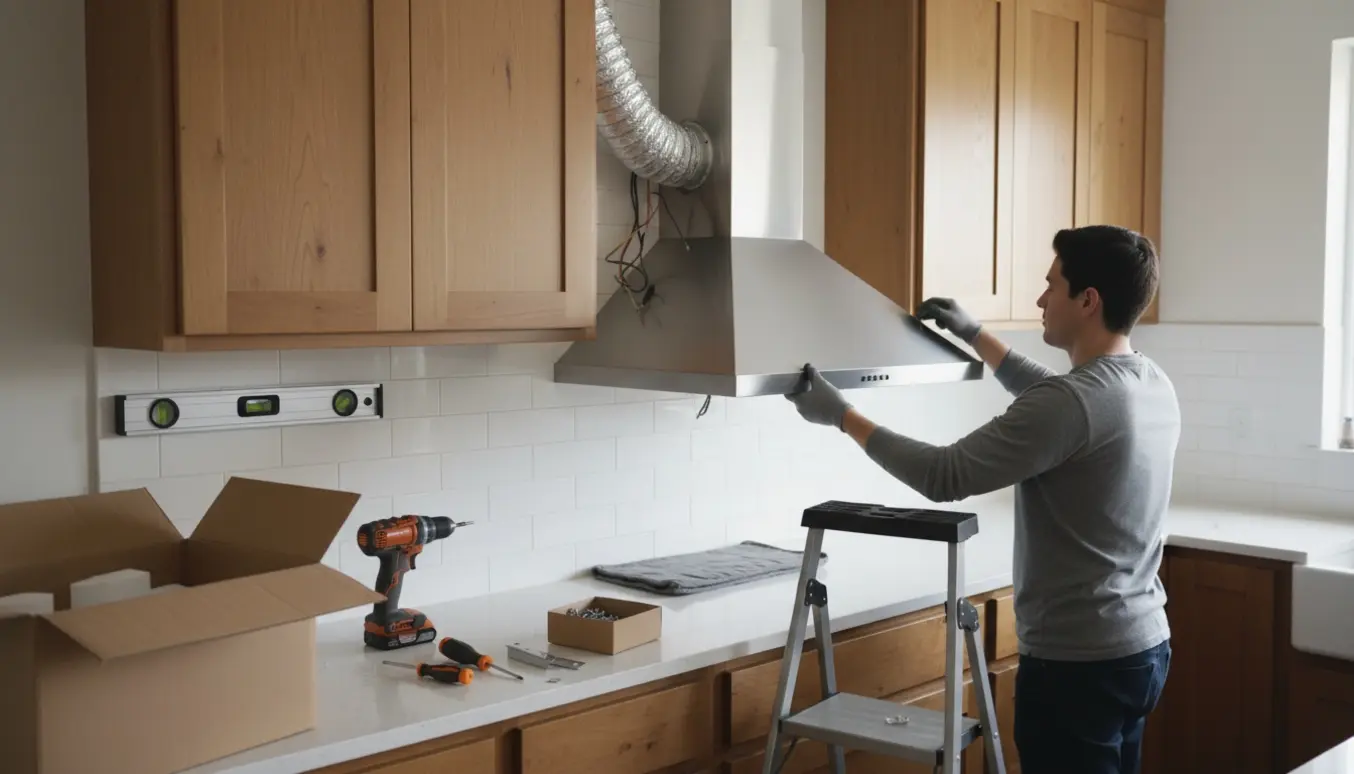 Nyt rustfrit emfang bliver monteret i et køkken, mens det gamle er taget ned.