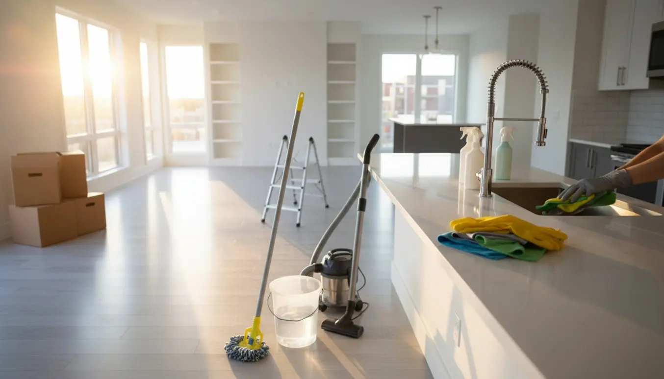 Rengøringsudstyr i et lyst, tomt parcelhus med en handske på en hånd, der pudser køkkenbordet efter fraflytningsrengøring.