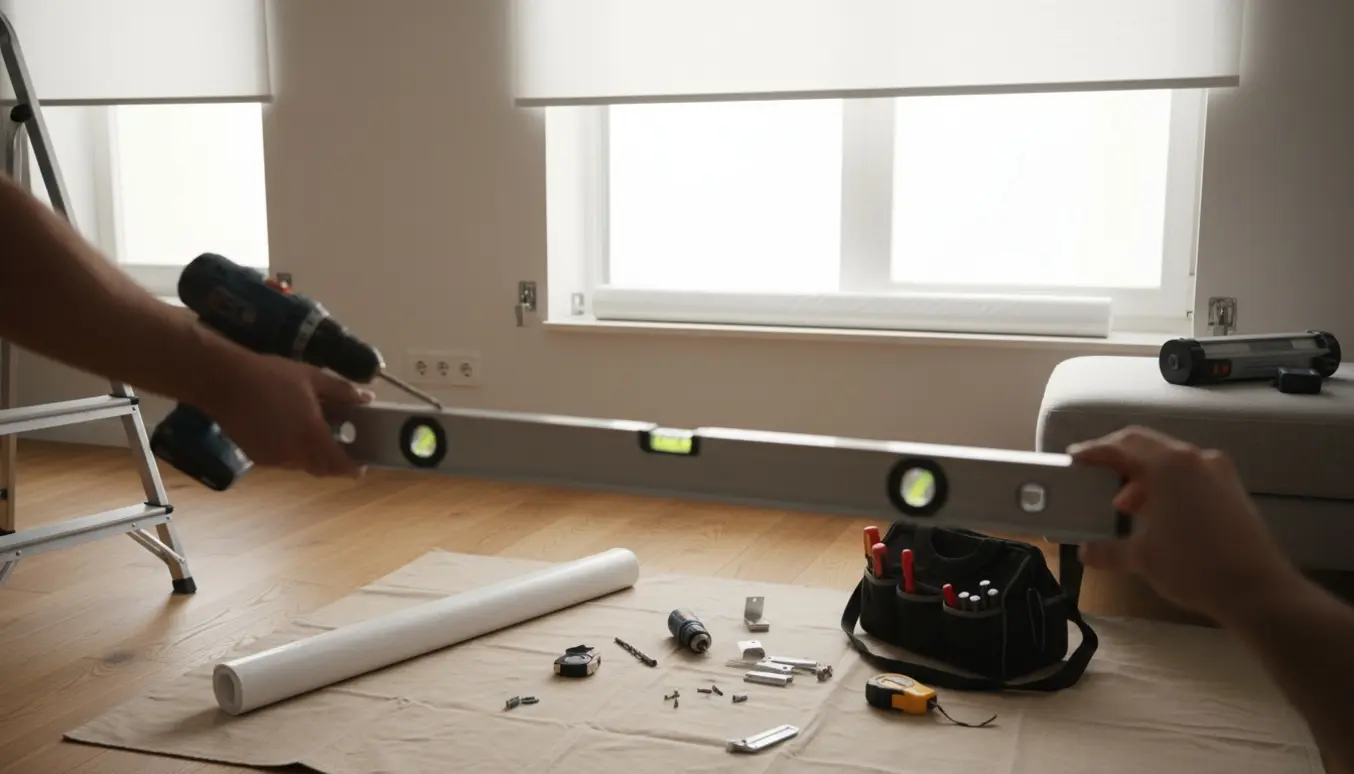 Hænder monterer et TV og to rullegardiner i en lys stue med værktøj og stige.