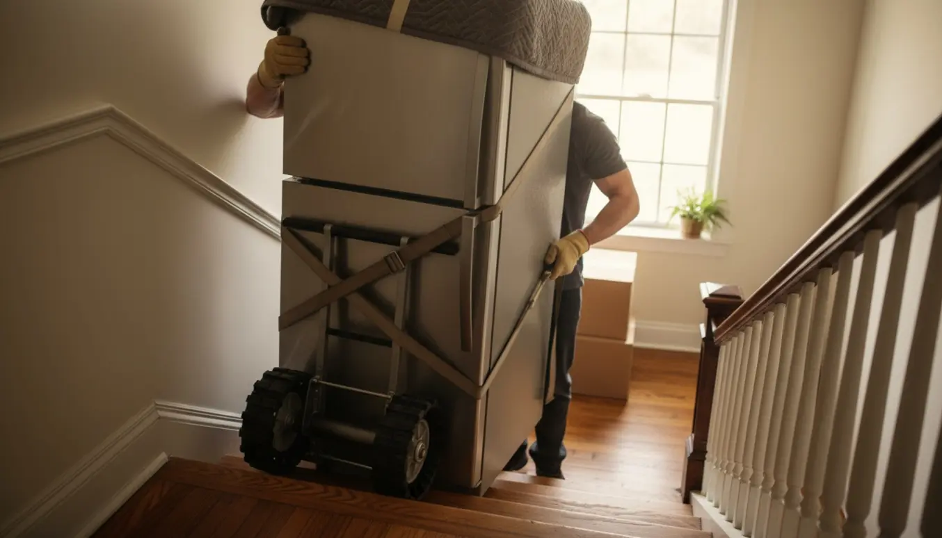To mænd løfter et stort køleskab op ad en smal trappe med en stair-climbing dolly og sikkerhedsremme.