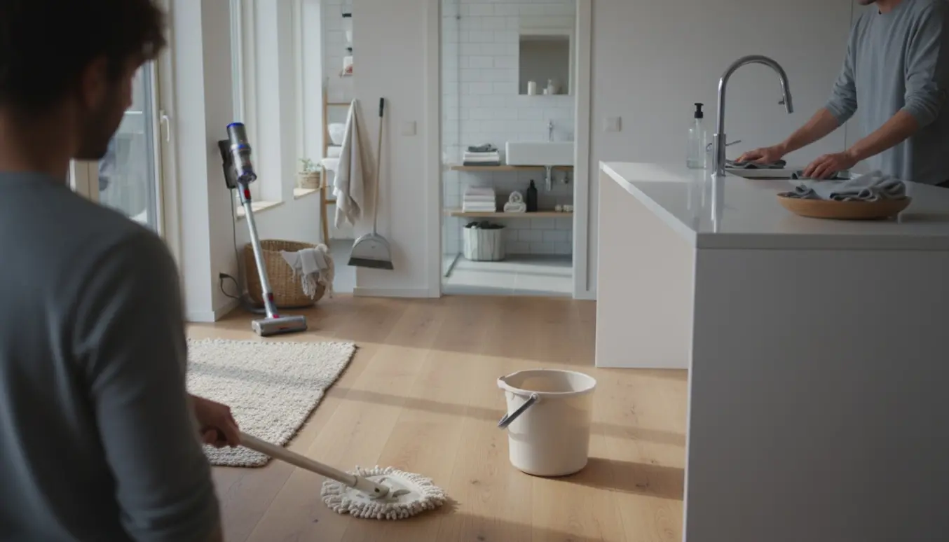 En person mopper og tørrer af i et lyst, moderne hjem med støvsuger og rengøringsmaterialer synlige.
