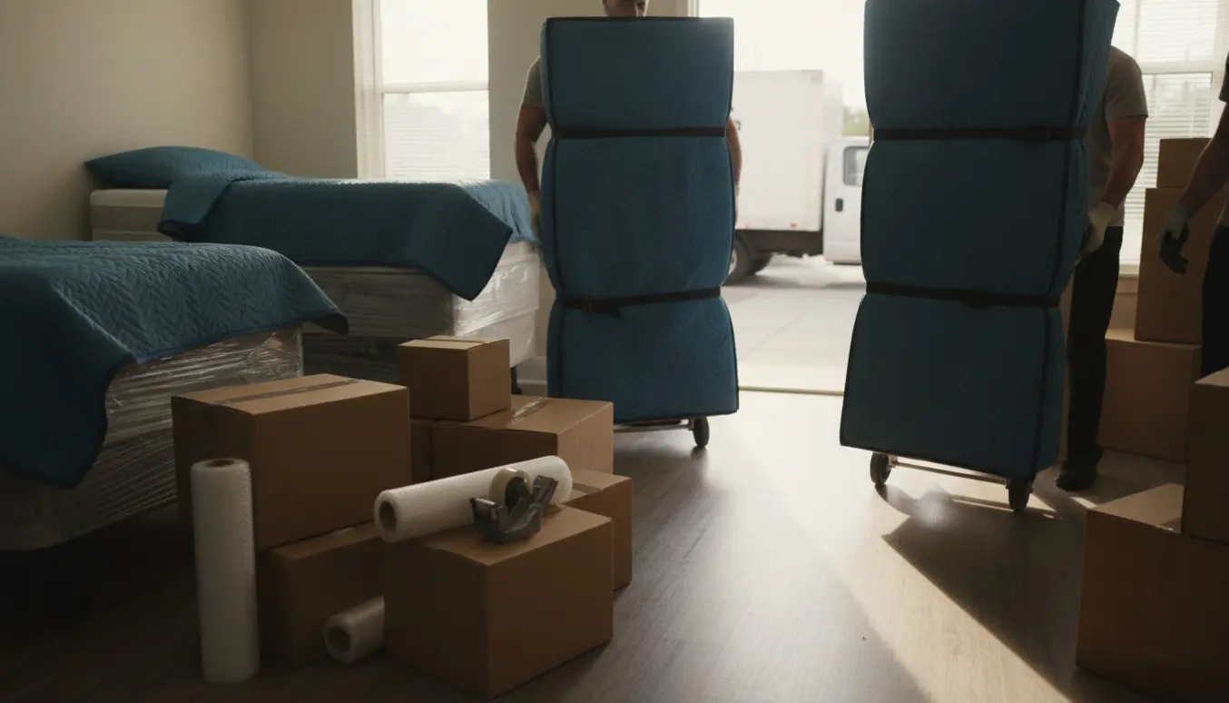 To enkeltsenge indpakket og stabler af flyttekasser ved en åben dør, klar til flytning.